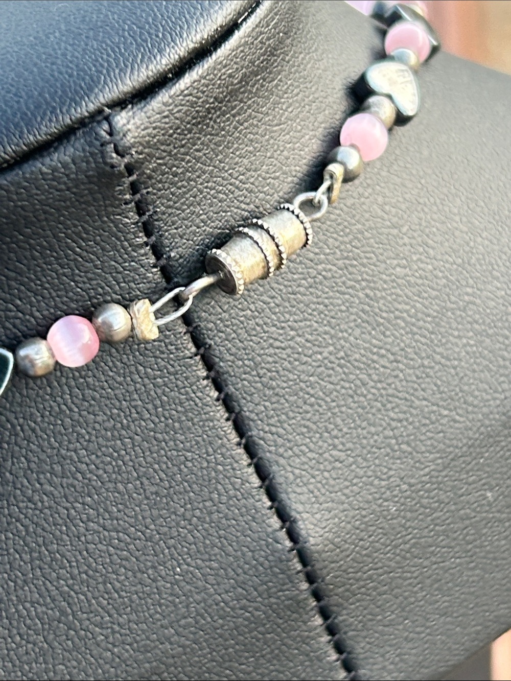 Vintage Pink Cats Eye and Hematite Heart Bead Necklace - Picture 7 of 8